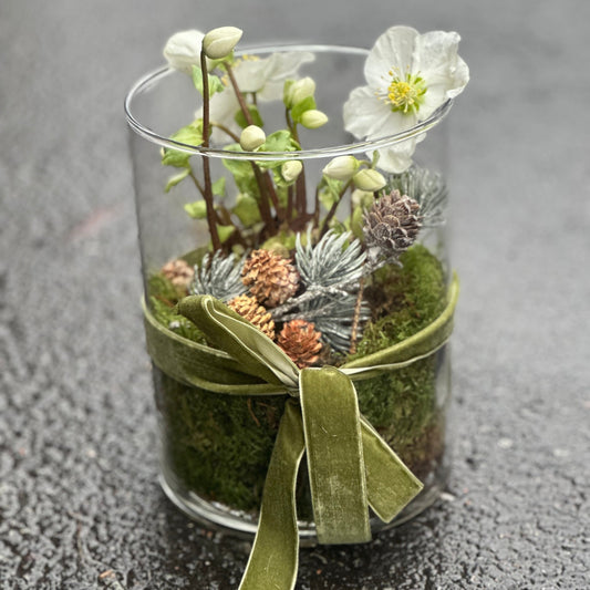 Julerose i glassvase med dekor